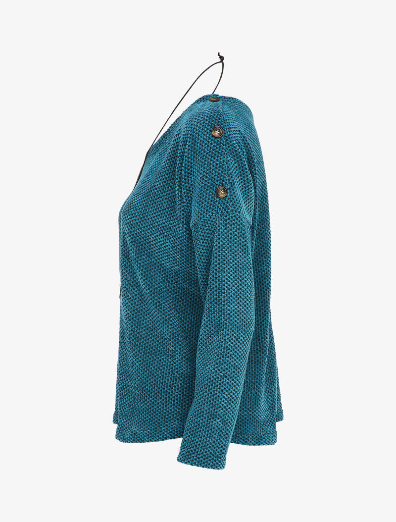 Pull oversize en maille à col bateau et boutons décoratifs - Bleu - 3