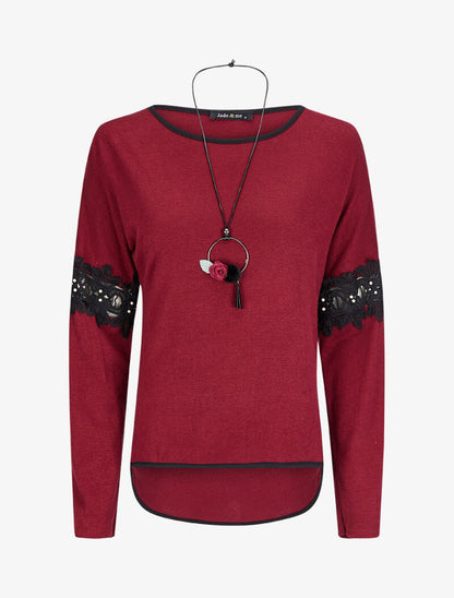 Pull à dos long et manches à détails broderies et perles - Bordeaux - 1