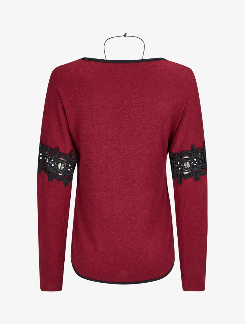 Pull à dos long et manches à détails broderies et perles - Bordeaux - 2