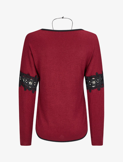 Pull à dos long et manches à détails broderies et perles - Bordeaux - 2