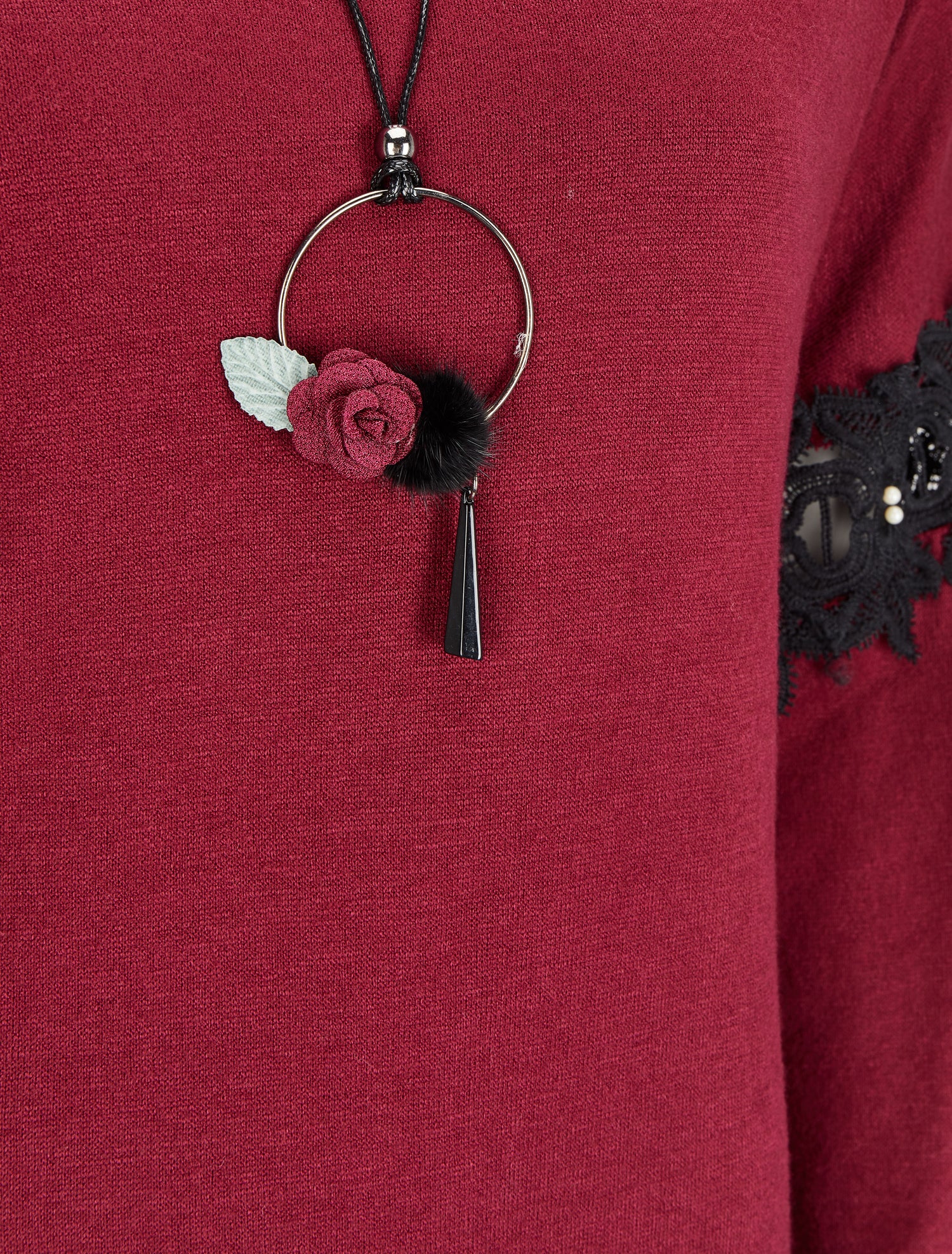 Pull à dos long et manches à détails broderies et perles - Bordeaux - 3