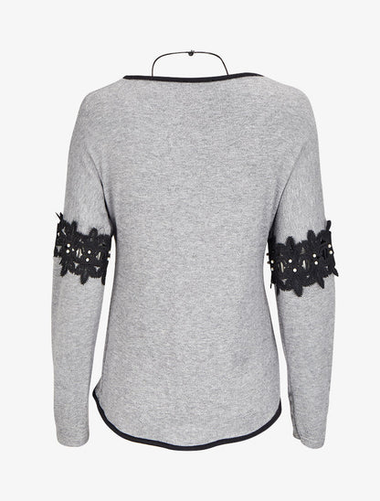 Pull à dos long et manches à détails broderies et perles - Gris chiné - 2