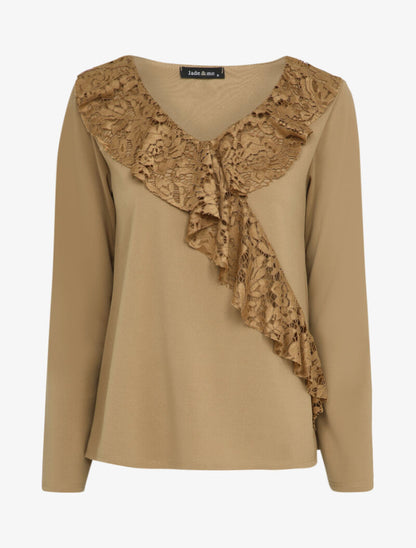 Top ample à empiècement dentelle - Camel - 1