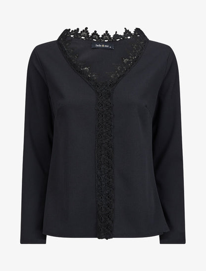 Blouse à col V en crochet - Noir - 1