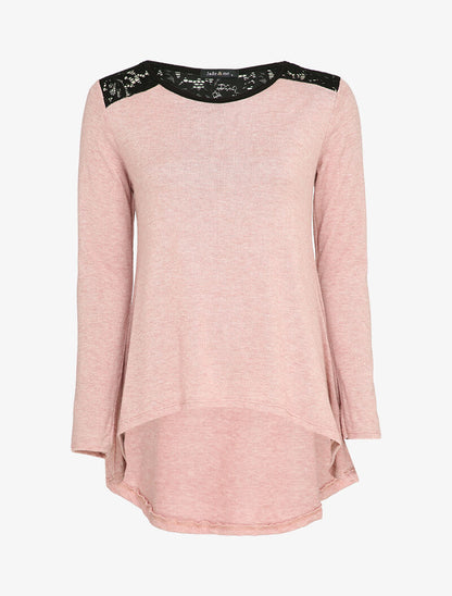 Pull fin à dos long et épaules en dentelle - Rose poudré - 4