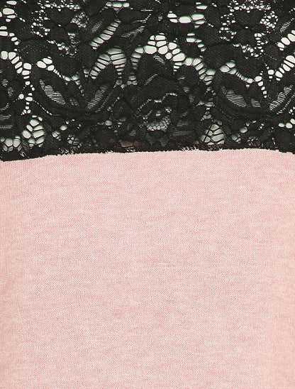 Pull fin à dos long et épaules en dentelle - Rose poudré - 3