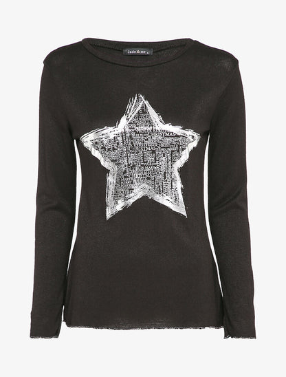 Pull fin à motif étoile irisée et dos long - Noir - 1