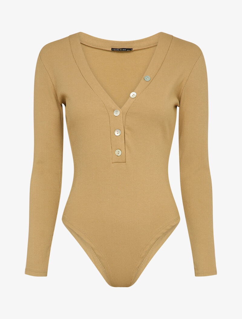 Body stretch à boutons stylisés - Beige foncé - 1