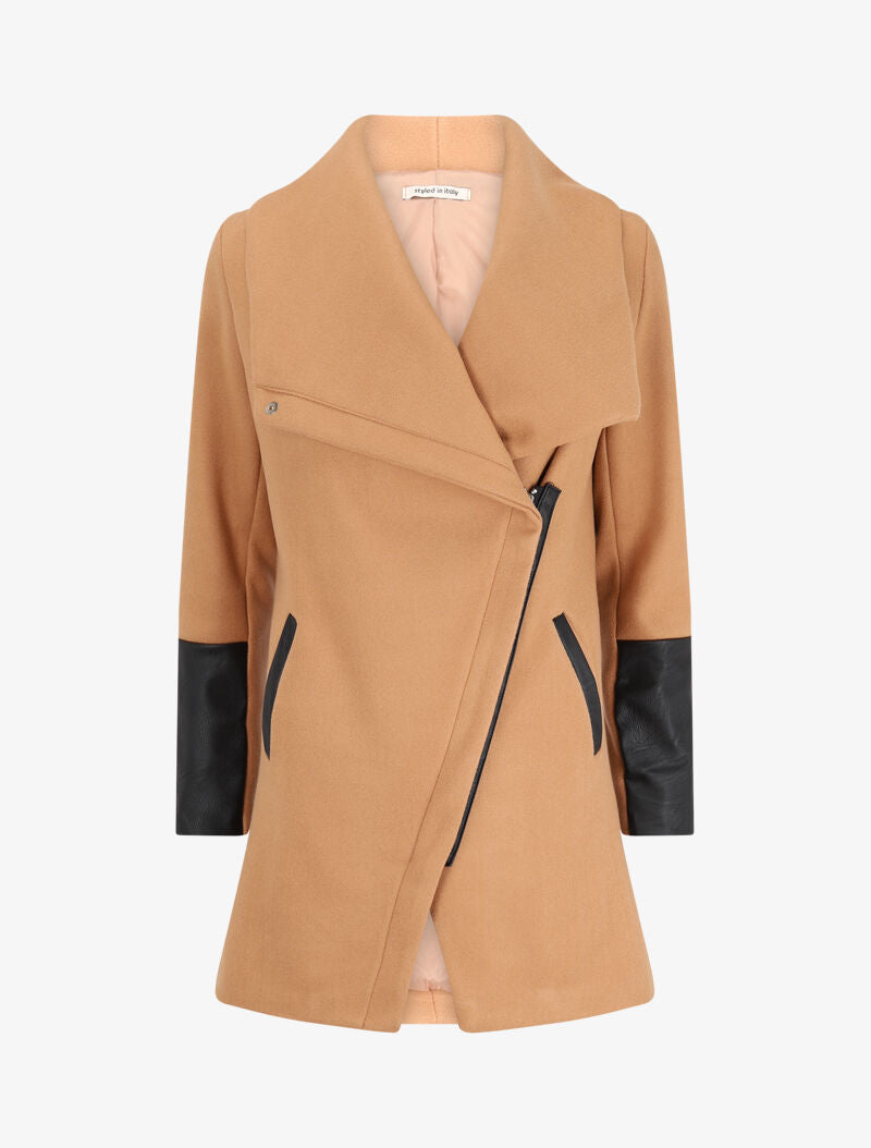 Manteau asymétrique à empiècements en simili - Beige - 4