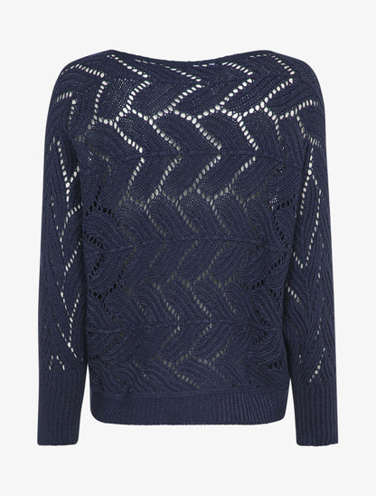 Pull ajouré à col bateau et manches dolman - Marine - 2