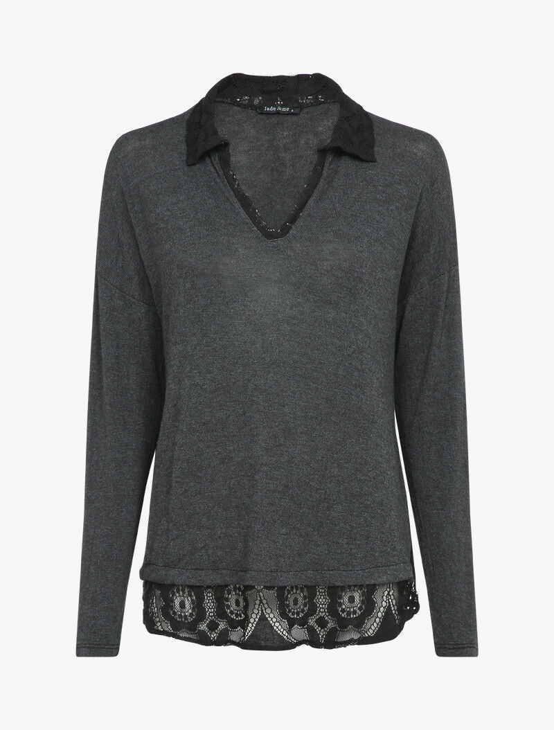Pull fin à col et bord en dentelle - Anthracite - 1