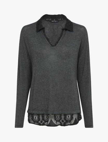 Pull fin à col et bord en dentelle - Anthracite - 1