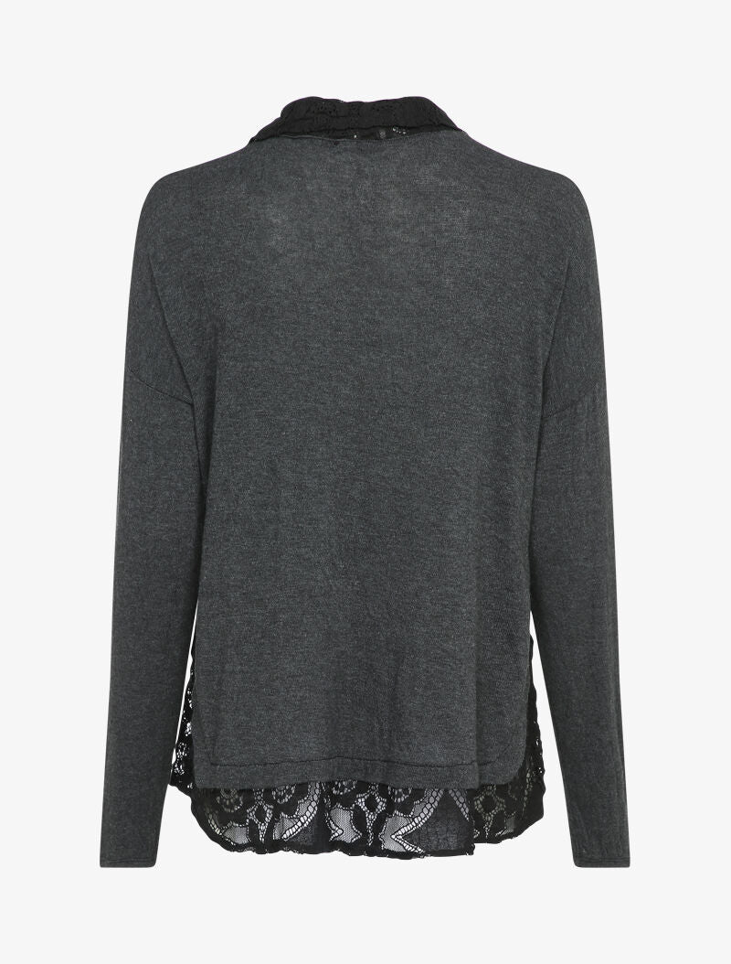 Pull fin à col et bord en dentelle - Anthracite - 2