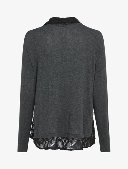 Pull fin à col et bord en dentelle - Anthracite - 2