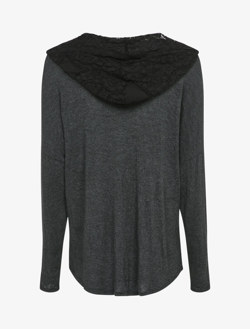 Pull fin à capuche et rabat décoratif en dentelle - Anthracite - 2