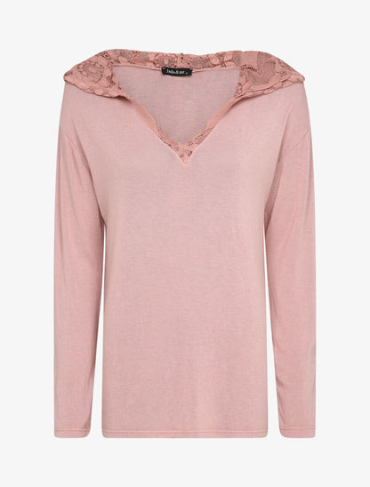 Pull fin à capuche en dentelle - Rose poudré - 1