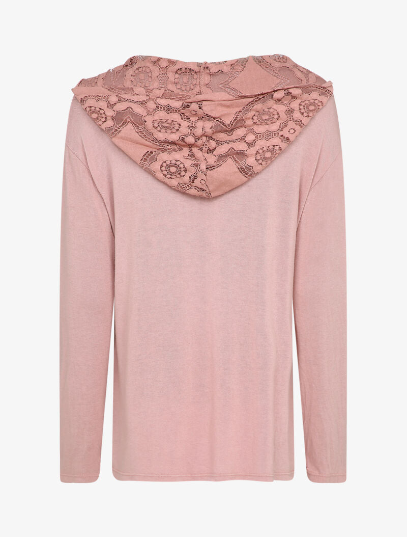 Pull fin à capuche en dentelle - Rose poudré - 2