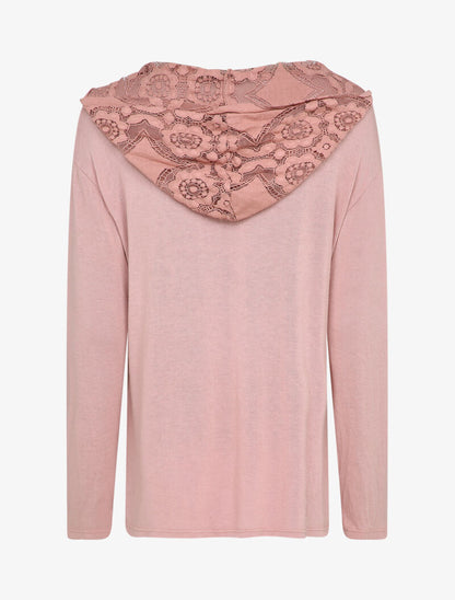Pull fin à capuche en dentelle - Rose poudré - 2