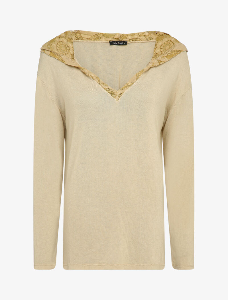 Pull fin à capuche en dentelle - Beige - 1