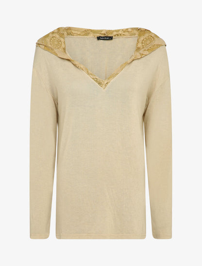 Pull fin à capuche en dentelle - Beige - 1