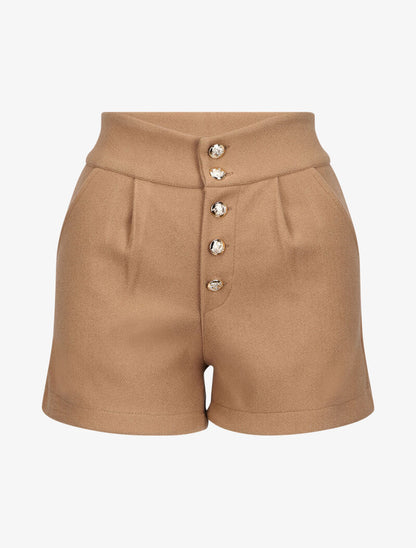 Mini short taille haute à boutons dorés - Camel - 1