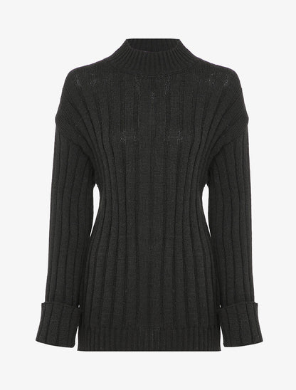 Pull oversize côtelé à manches à revers - Noir - 1