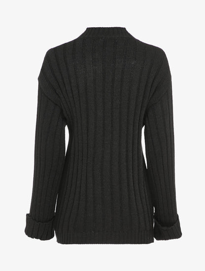 Pull oversize côtelé à manches à revers - Noir - 2