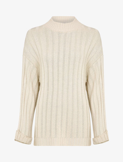 Pull oversize côtelé à manches à revers - Beige - 4