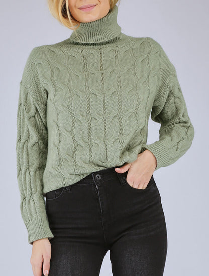 Pull col roulé en maille tressée - Kaki - 1