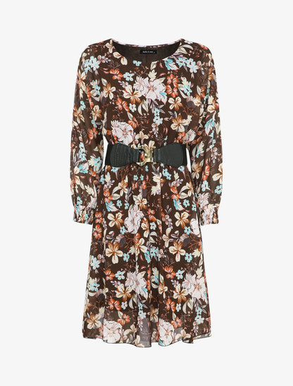 Robe patineuse imprimé multi fleurs à col rond - Marron - 1