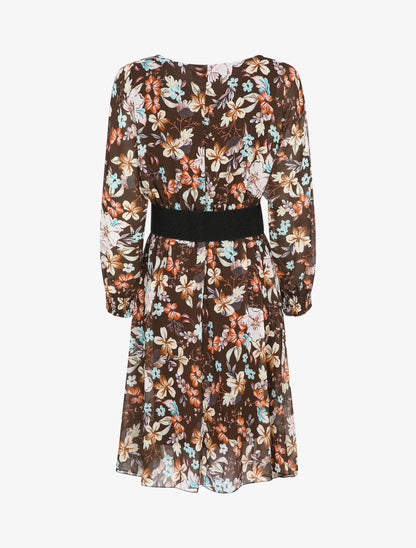 Robe patineuse imprimé multi fleurs à col rond - Marron - 2