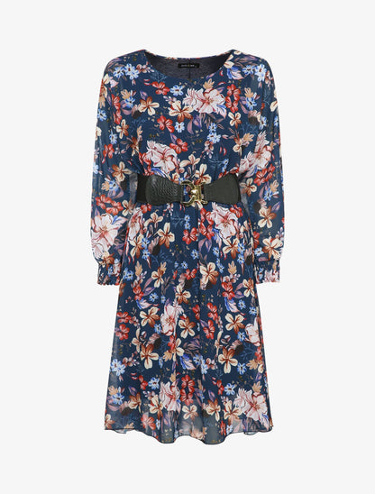Robe patineuse imprimé multi fleurs à col rond - Marine - 1