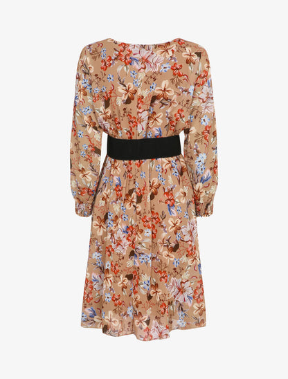Robe patineuse imprimé multi fleurs à col rond - Camel - 2