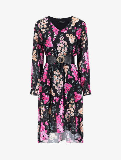 Robe col V à motif coquelicots - Noir - 1
