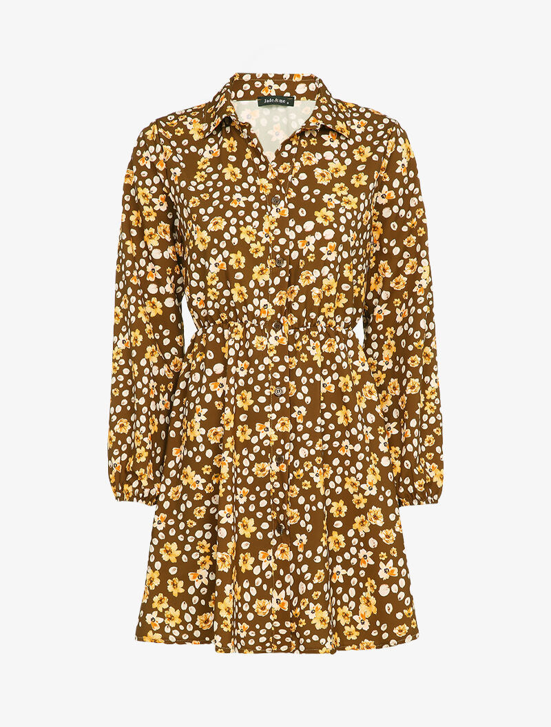 Robe chemise patineuse imprimé fleuri - Marron - 1