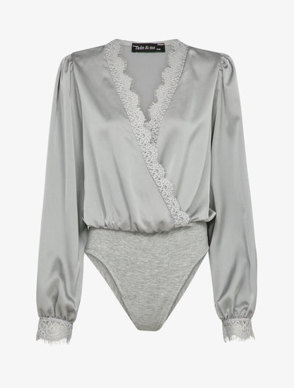 Body satiné à bords en dentelle - Gris - 1