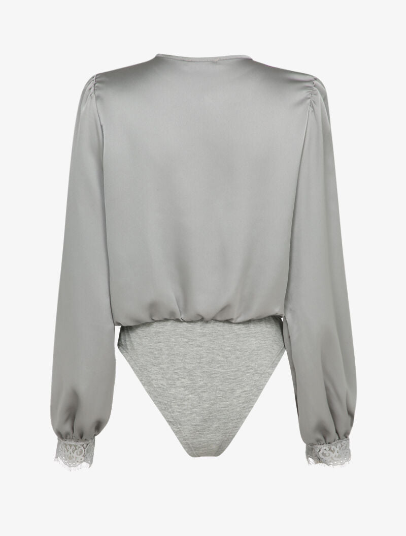 Body satiné à bords en dentelle - Gris - 2