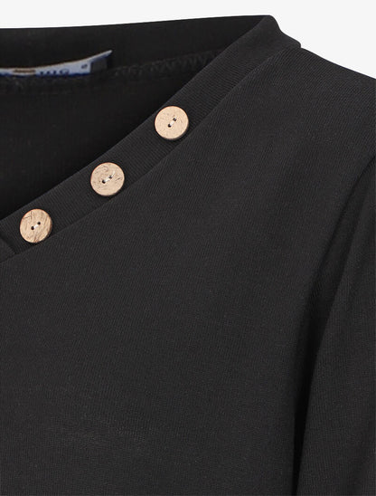 Pull fin oversize à col V à boutons décoratifs - Noir - 3