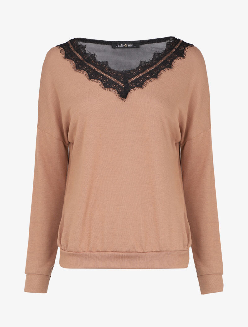 Pull fin à col V en dentelle et dos transparent - Camel - 1