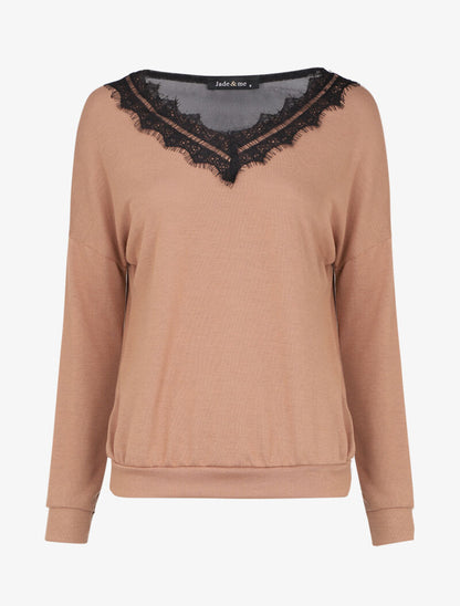 Pull fin à col V en dentelle et dos transparent - Camel - 1