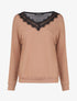 Pull fin à col V en dentelle et dos transparent - Camel - 1