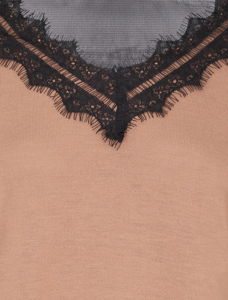 Pull fin à col V en dentelle et dos transparent - Camel - 3