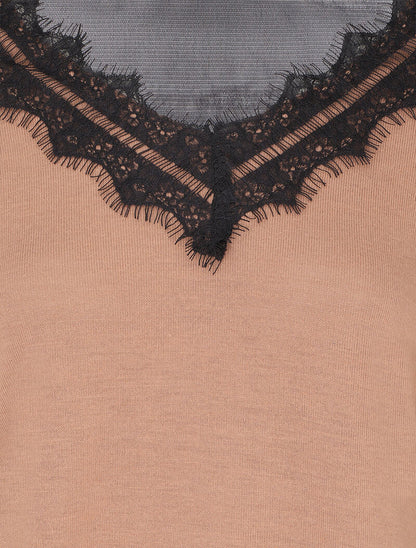 Pull fin à col V en dentelle et dos transparent - Camel - 3