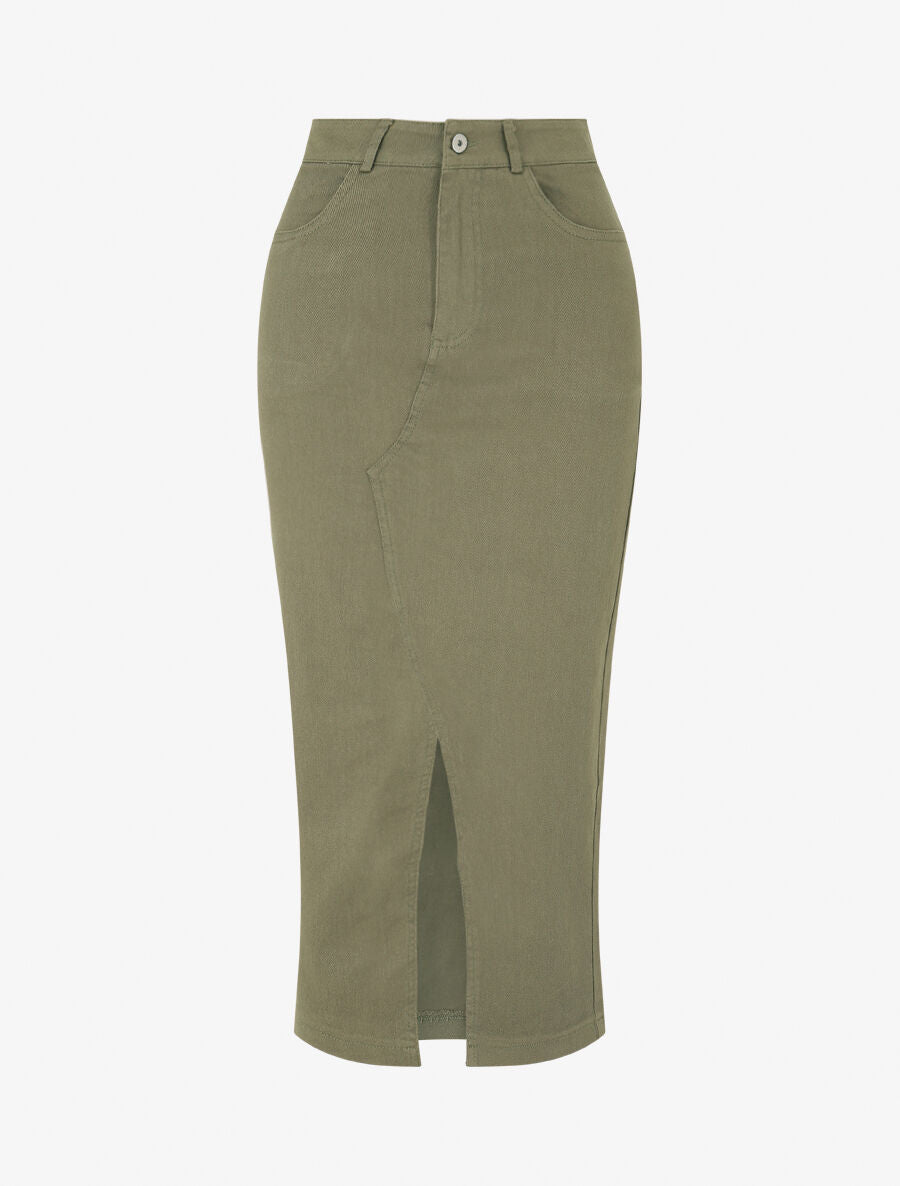 Jupe fourreau uni en jean - Vert - 1