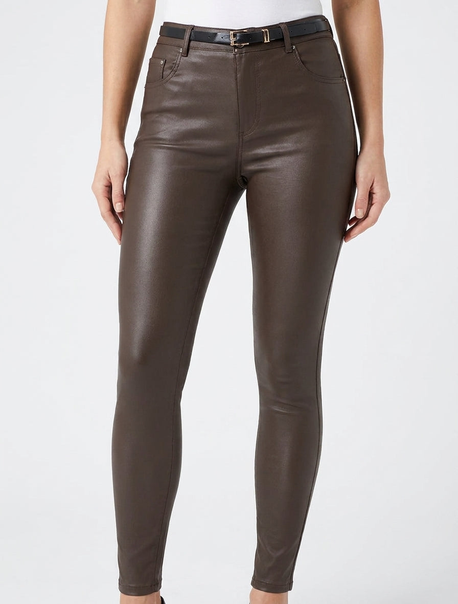 Pantalon skinny taille haute enduit - Marron