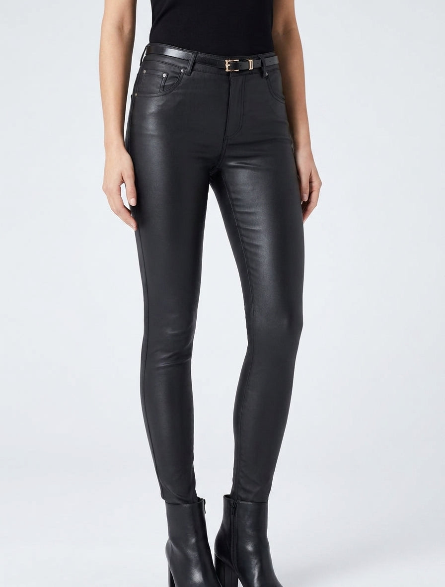Pantalon skinny taille haute effet enduit - Noir