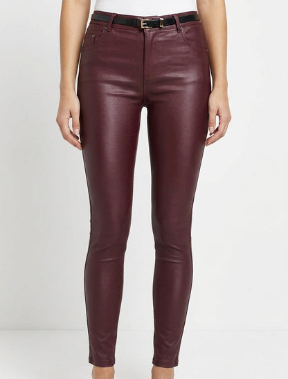 Pantalon enduit taille haute skinny - Lie de vin