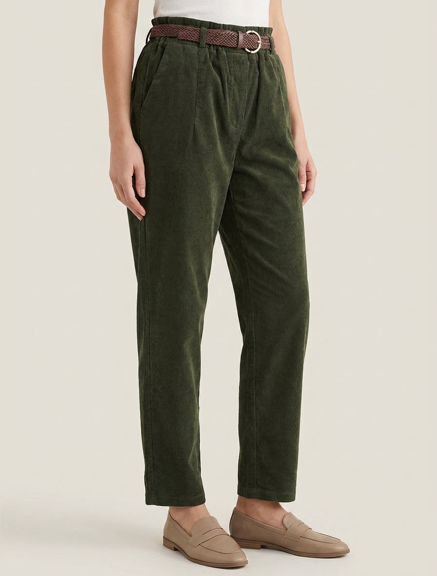Pantalon paper bag taille haute velours - Kaki