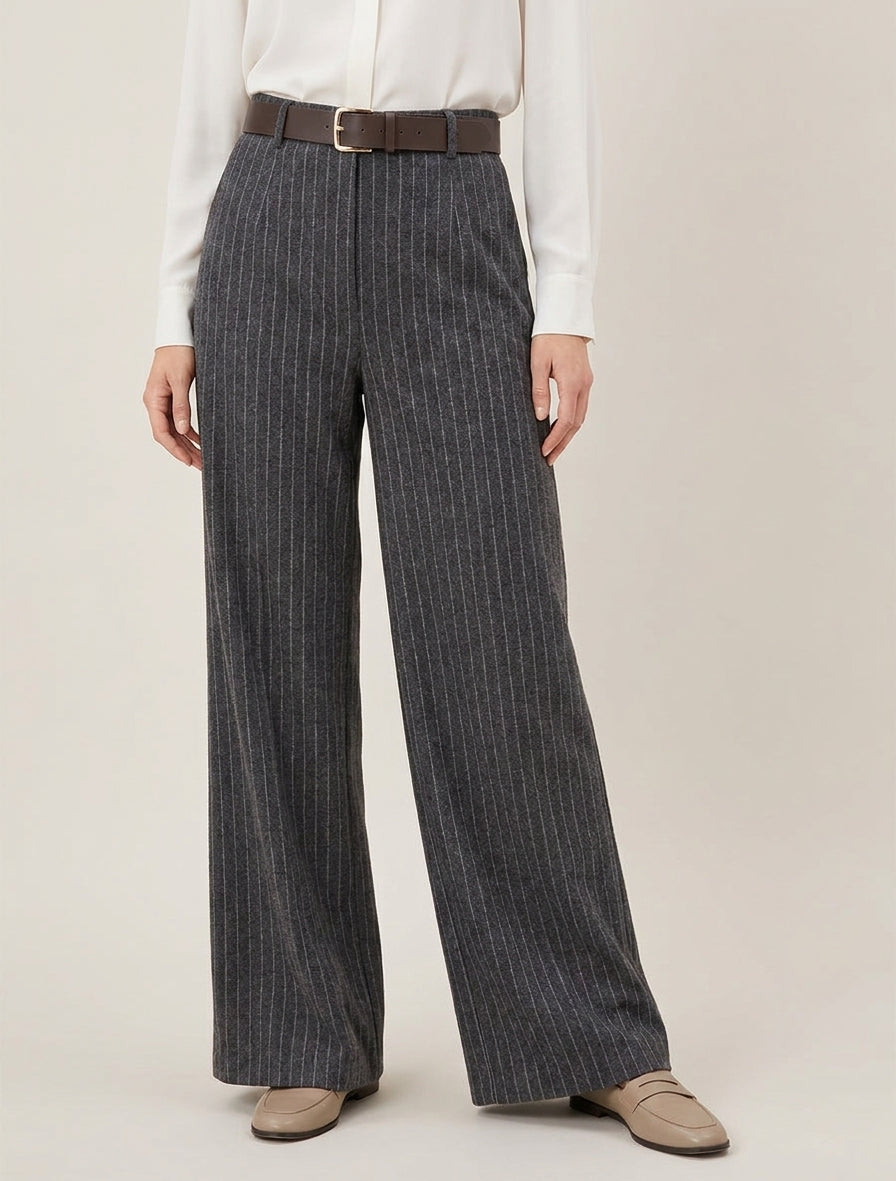 Pantalon ample rayé ceinturé - Gris anthracite