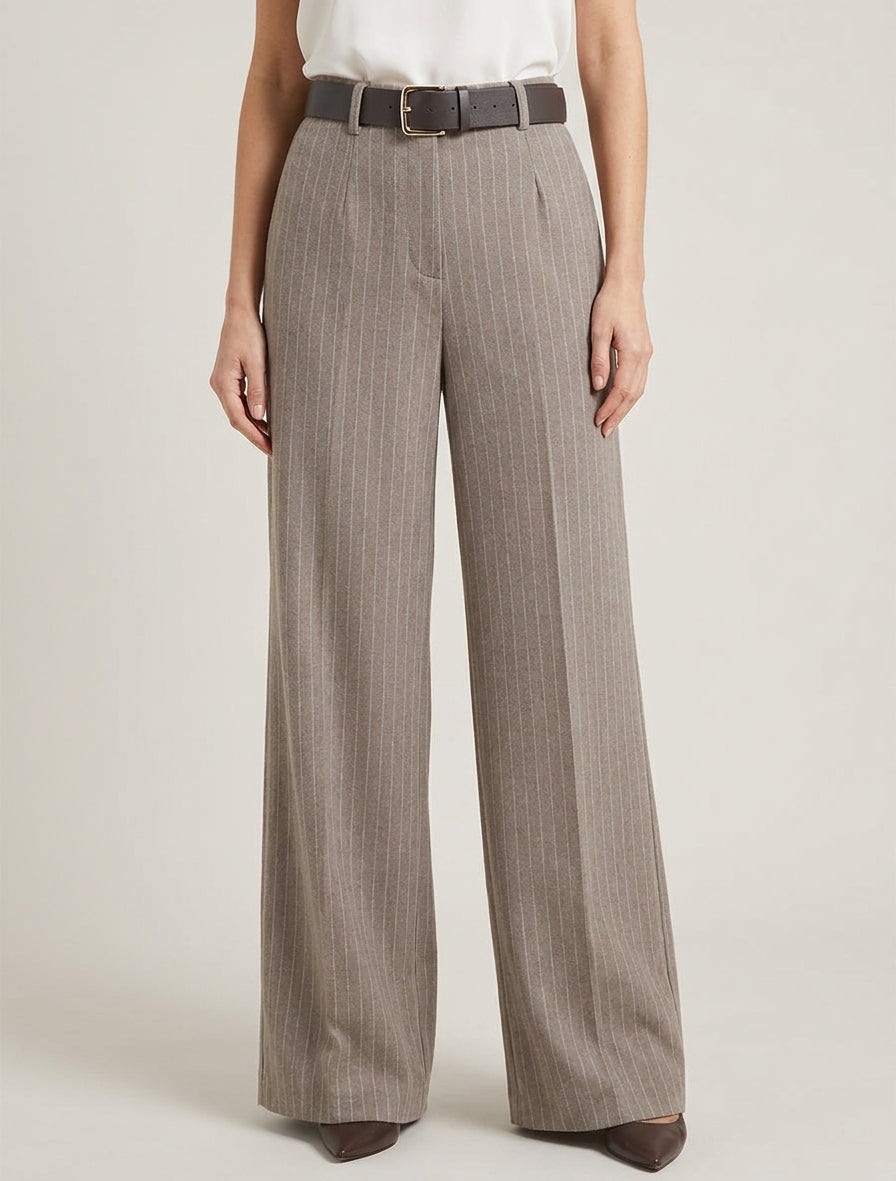 Pantalon ample rayé avec ceinture - Taupe